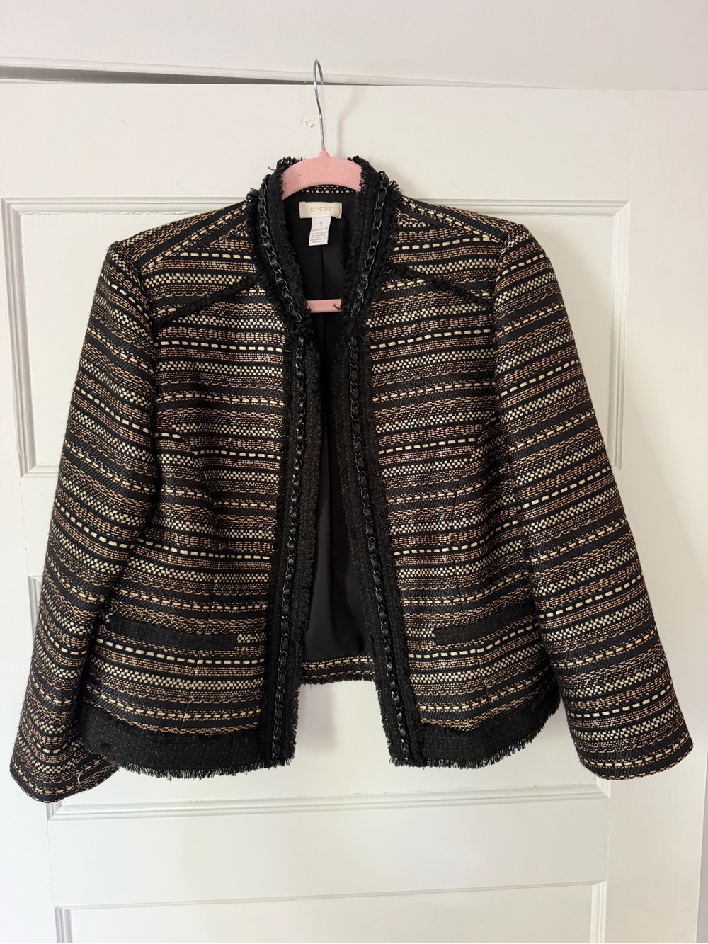 Chico’s Tweed Jacket Size 1 Medium Black Gold Chain Trim Fringe Blazer